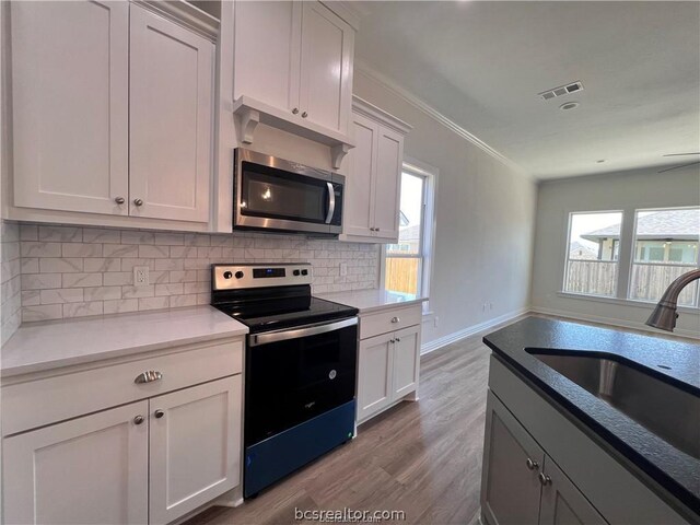 kitchen featuring white cabinets, stainless steel appliances, and a wealth of natural light