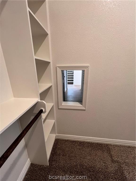 spacious closet featuring dark colored carpet