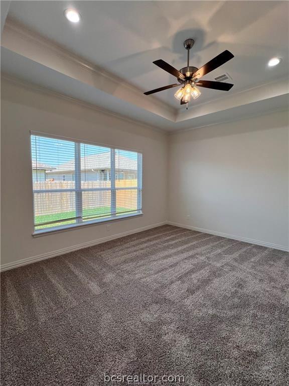 empty room with ceiling fan, carpet floors, crown molding, and a tray ceiling