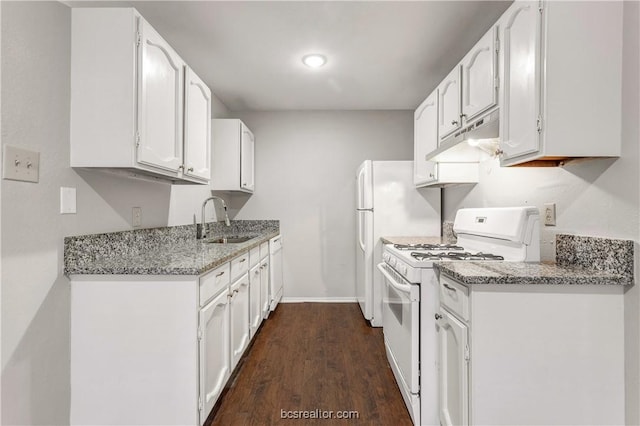 kitchen with dark hardwood / wood-style floors, white cabinetry, white gas range, sink, and light stone countertops