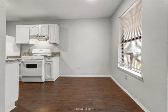 kitchen featuring white cabinetry, dark hardwood / wood-style floors, and gas range gas stove