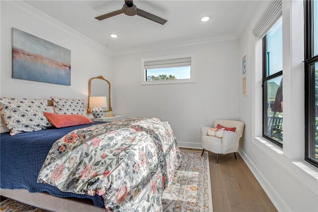 315 Suffolk Ave, College Station, TX 77840 - bedroom featuring ornamental molding, wood finished floors, recessed lighting, baseboards, and ceiling fan