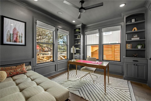 315 Suffolk Ave, College Station, TX 77840 - office featuring built in shelves, wood finished floors, recessed lighting, ornamental molding, and a decorative wall