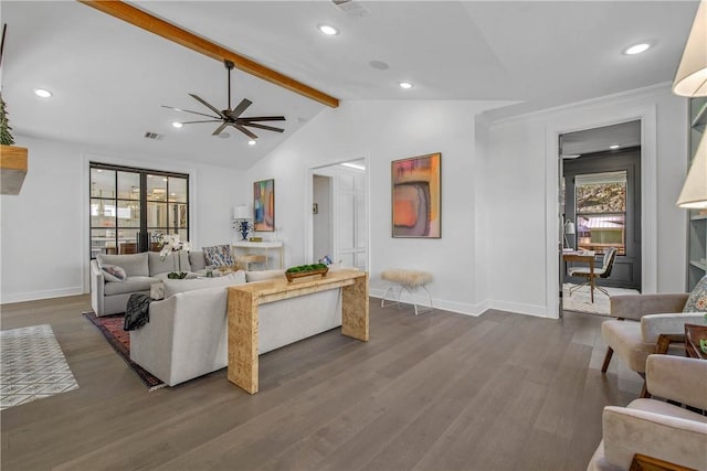 315 Suffolk Ave, College Station, TX 77840 - living area with lofted ceiling with beams, baseboards, dark wood-style floors, and a ceiling fan