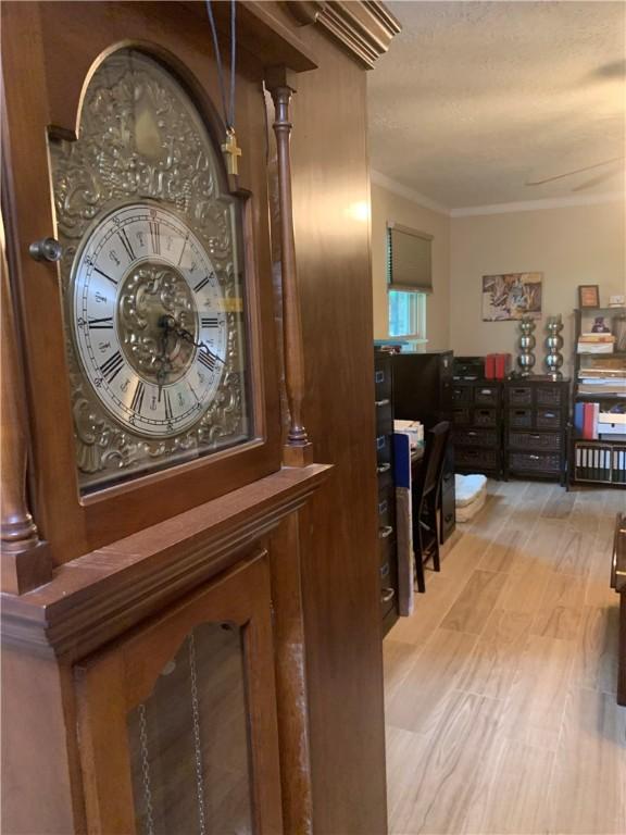 1707 Shawnee St, Navasota, TX 77868 - detailed view of crown molding, wood finished floors, and a textured ceiling