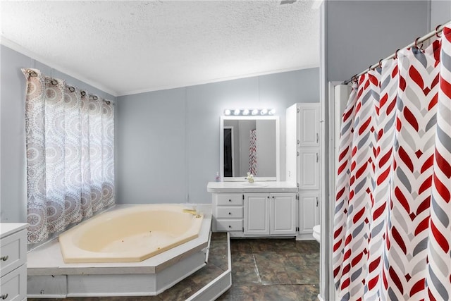 full bathroom featuring a textured ceiling, toilet, vaulted ceiling, vanity, and shower with separate bathtub