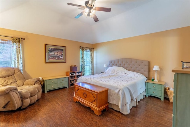 1701 Bradley Rd, College Station, TX 77845 - bedroom with dark wood-type flooring, lofted ceiling, and ceiling fan