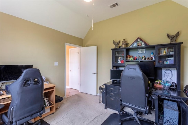 1701 Bradley Rd, College Station, TX 77845 - office area featuring light carpet and vaulted ceiling