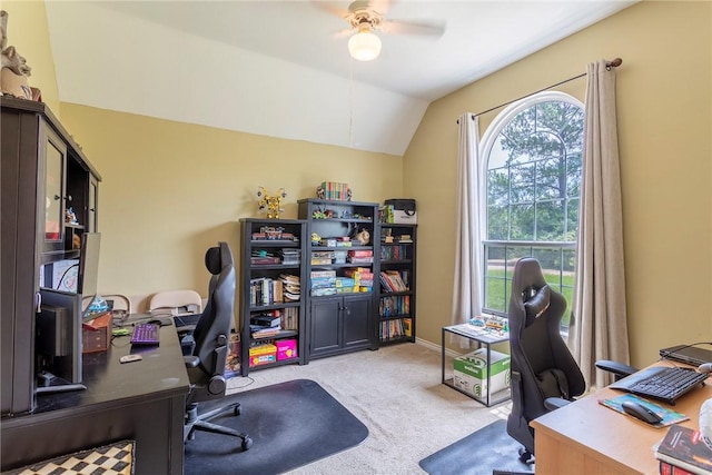 1701 Bradley Rd, College Station, TX 77845 - carpeted home office with ceiling fan, vaulted ceiling, and baseboards