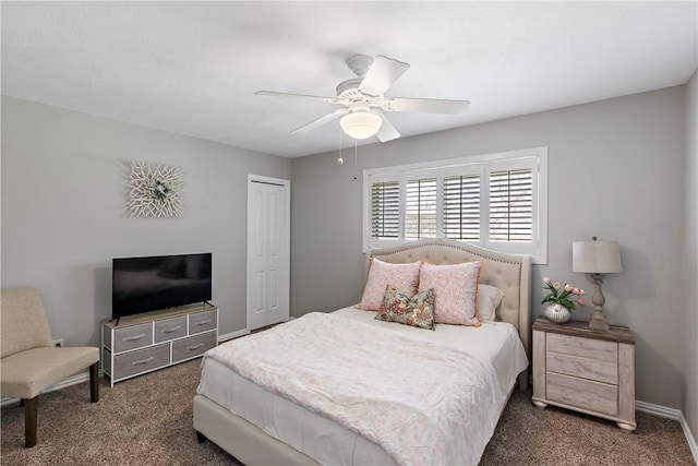 bedroom with a closet, ceiling fan, baseboards, and carpet