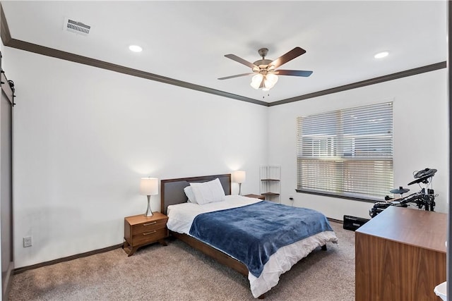 bedroom with ceiling fan, carpet, and ornamental molding