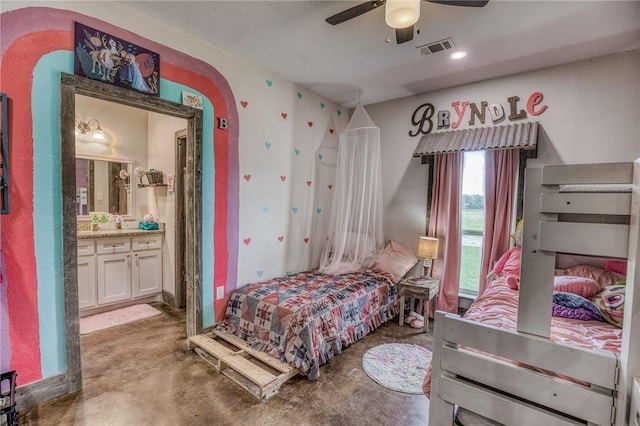 1850 Lcr 439, Groesbeck, TX 76667 - bedroom with concrete flooring, ensuite bathroom, and a ceiling fan