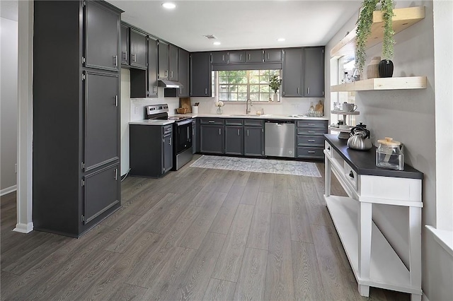 kitchen with gray cabinets, sink, stainless steel appliances, and dark wood-type flooring