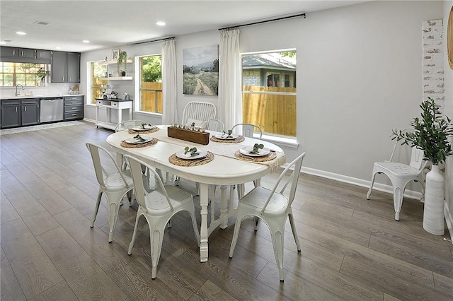 dining area featuring hardwood / wood-style floors, a healthy amount of sunlight, and sink