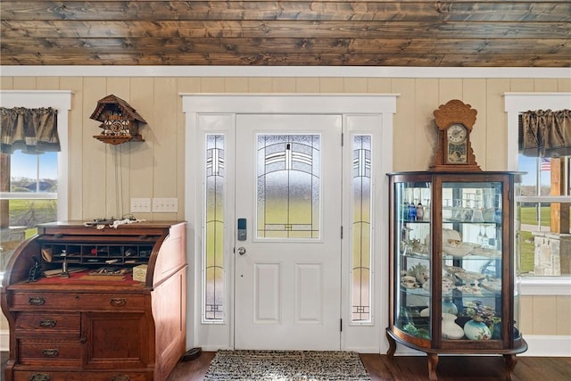 1858 Valley View Dr, Anderson, TX 77830 - foyer featuring dark wood-type flooring, plenty of natural light, and wooden ceiling