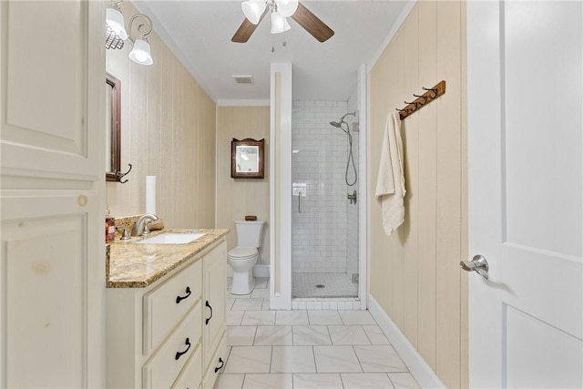 1858 Valley View Dr, Anderson, TX 77830 - bathroom featuring a shower stall, vanity, a ceiling fan, and toilet