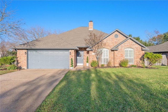 ranch-style house with a garage and a front lawn