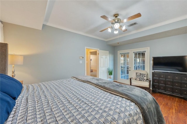 bedroom featuring access to exterior, ceiling fan, dark hardwood / wood-style flooring, and crown molding