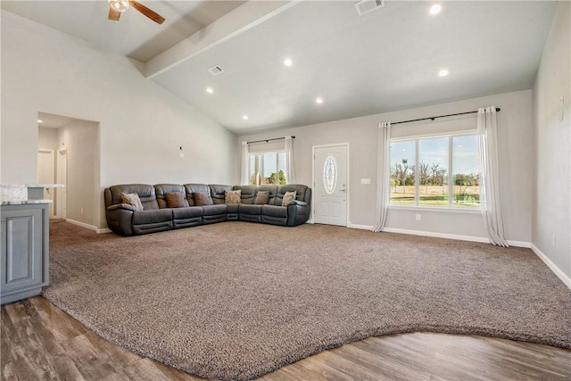 living room with baseboards, recessed lighting, visible vents, ceiling fan, and vaulted ceiling with beams