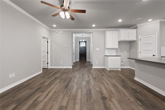6434 Raleigh Loop, College Station, TX 77845 - unfurnished living room with a ceiling fan, recessed lighting, dark wood-style flooring, and ornamental molding