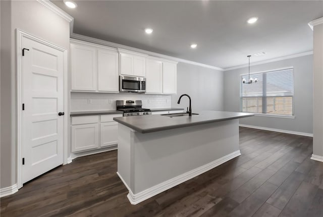 6434 Raleigh Loop, College Station, TX 77845 - kitchen featuring stainless steel appliances, ornamental molding, a kitchen island with sink, dark wood-type flooring, and tasteful backsplash