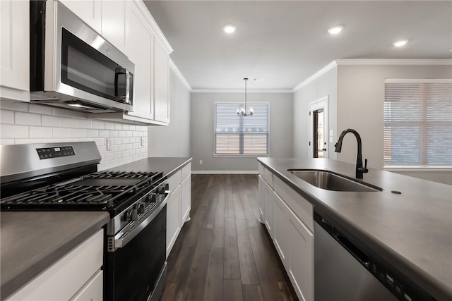 6434 Raleigh Loop, College Station, TX 77845 - kitchen featuring stainless steel appliances, a chandelier, ornamental molding, dark wood-style flooring, and white cabinetry