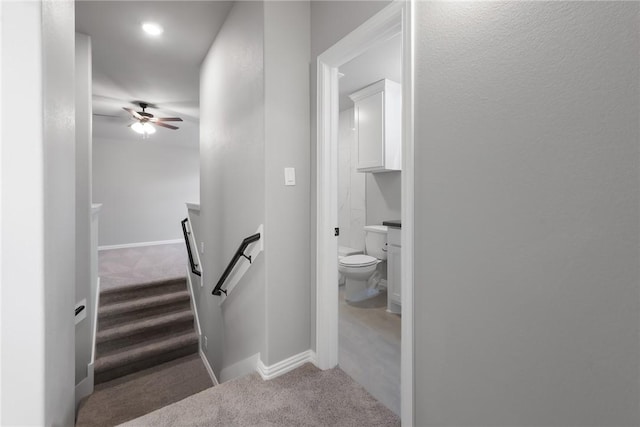 6434 Raleigh Loop, College Station, TX 77845 - stairway featuring carpet floors and a ceiling fan