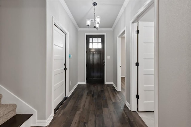 6434 Raleigh Loop, College Station, TX 77845 - entryway with crown molding, a chandelier, dark wood-type flooring, and stairs