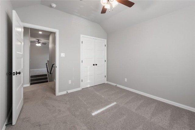 6434 Raleigh Loop, College Station, TX 77845 - unfurnished bedroom featuring lofted ceiling, carpet flooring, a closet, and ceiling fan