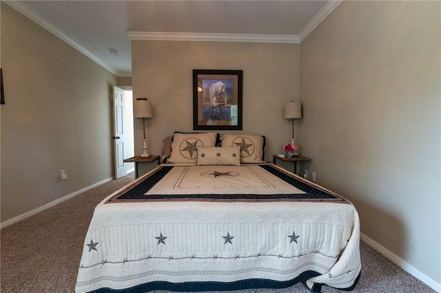 carpeted bedroom featuring crown molding