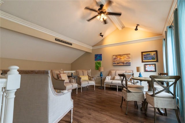 living area with vaulted ceiling with beams, dark hardwood / wood-style flooring, ceiling fan, and crown molding