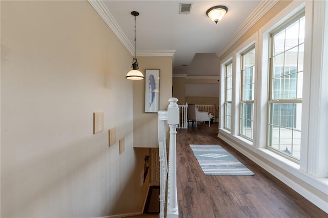 corridor featuring crown molding and dark hardwood / wood-style flooring