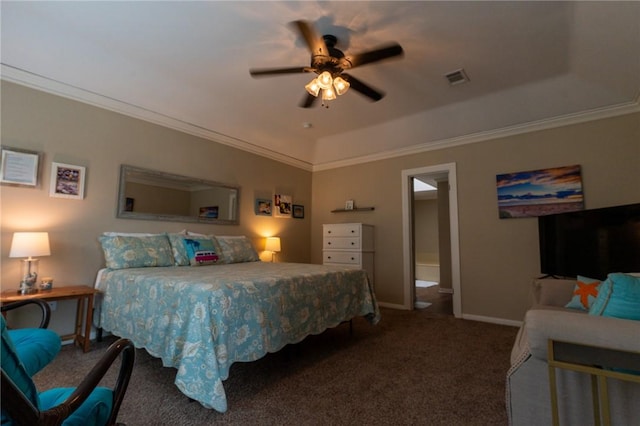 bedroom with carpet, ensuite bathroom, ceiling fan, and crown molding