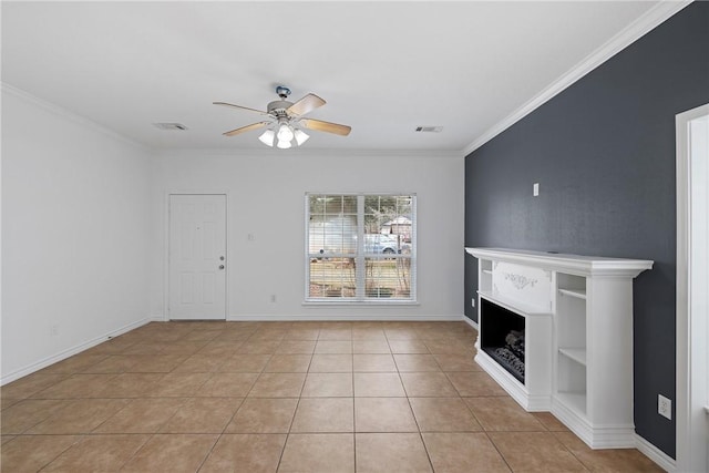 unfurnished living room with crown molding, ceiling fan, and light tile patterned floors