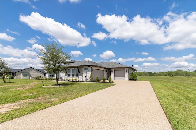 10724 Harvey Ranch Rd, College Station, TX 77845 - view of front facade with a garage, a front lawn, stone siding, and driveway