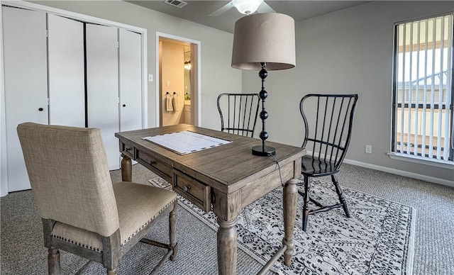 1406 Broken Hls Unit 14, Horseshoe Bay, TX 78657 - office featuring carpet floors, ceiling fan, and baseboards