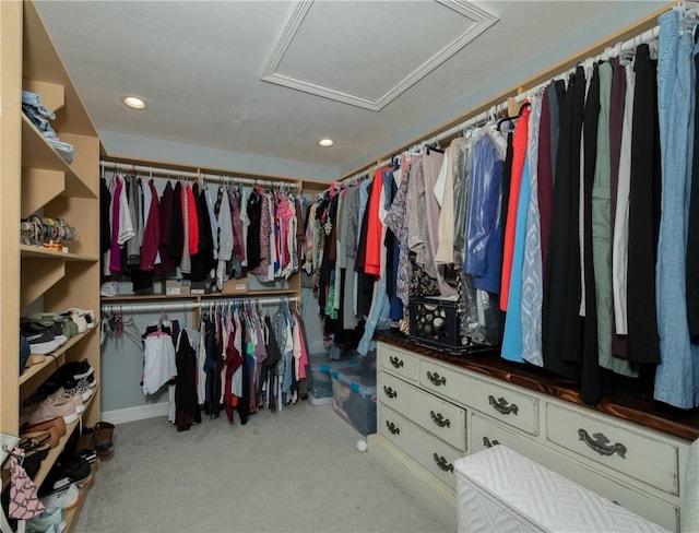 spacious closet featuring light colored carpet