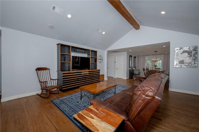 living room with vaulted ceiling with beams, a chandelier, and wood-type flooring