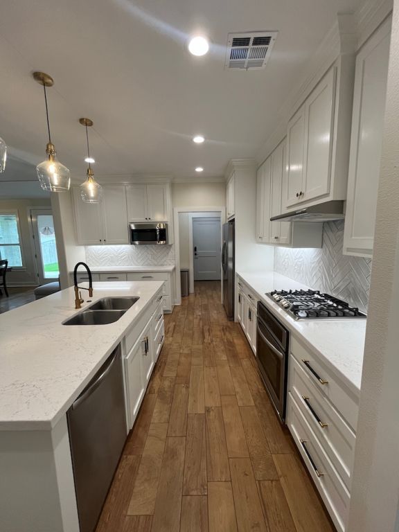 2016 R A Galindo Blvd, Bryan, TX 77807 - kitchen with appliances with stainless steel finishes, a sink, under cabinet range hood, white cabinets, and dark wood finished floors