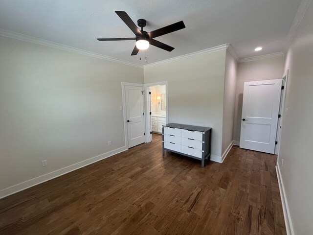 2016 R A Galindo Blvd, Bryan, TX 77807 - unfurnished bedroom with dark wood-type flooring, crown molding, baseboards, recessed lighting, and ceiling fan