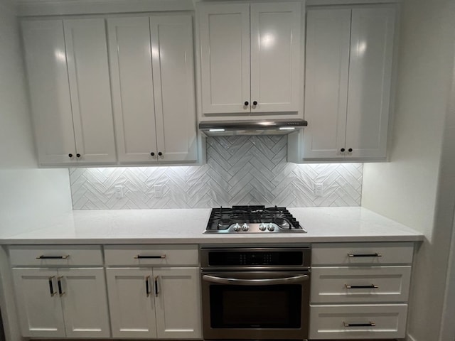 2016 R A Galindo Blvd, Bryan, TX 77807 - kitchen with stainless steel appliances, under cabinet range hood, backsplash, and white cabinets