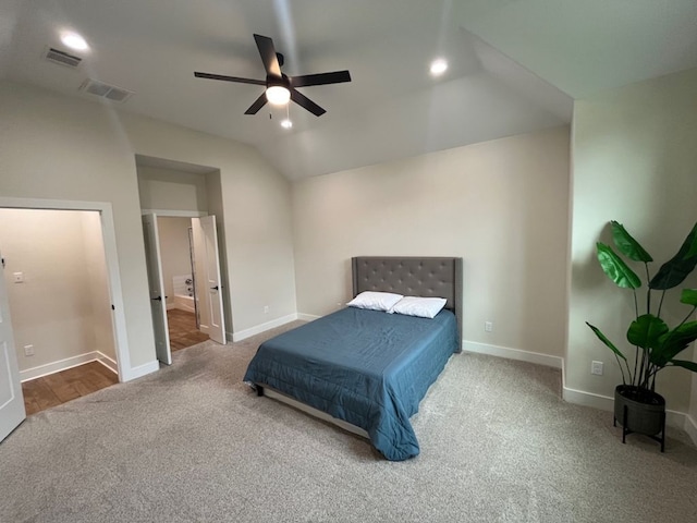 2016 R A Galindo Blvd, Bryan, TX 77807 - carpeted bedroom with vaulted ceiling, baseboards, recessed lighting, and ceiling fan