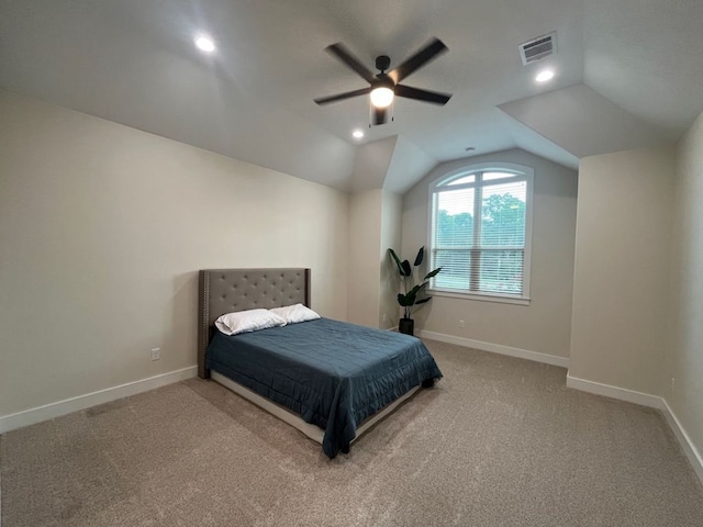 2016 R A Galindo Blvd, Bryan, TX 77807 - carpeted bedroom featuring vaulted ceiling, baseboards, a ceiling fan, and recessed lighting