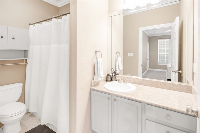 full bath featuring crown molding, vanity, and toilet