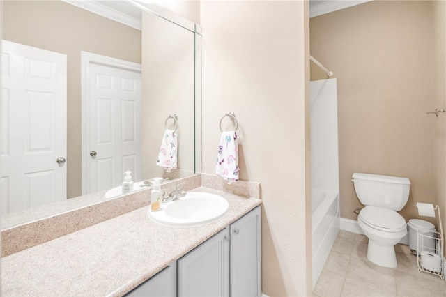full bathroom featuring crown molding, tile patterned flooring, vanity, toilet, and baseboards
