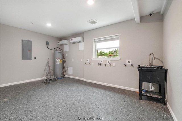 interior space with a wall mounted air conditioner, electric panel, and water heater