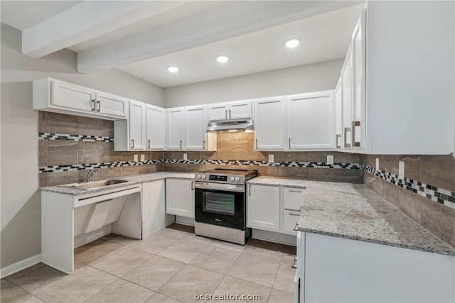 kitchen with stainless steel range with electric stovetop, white cabinets, sink, light stone countertops, and tasteful backsplash