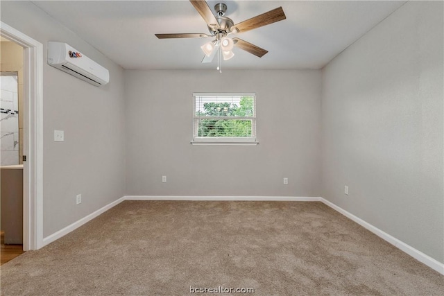 unfurnished room with ceiling fan, light colored carpet, and a wall mounted AC