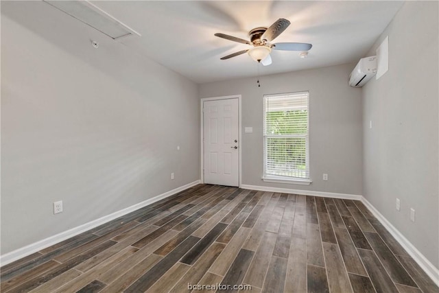 unfurnished room featuring a wall mounted AC, dark wood-type flooring, and ceiling fan