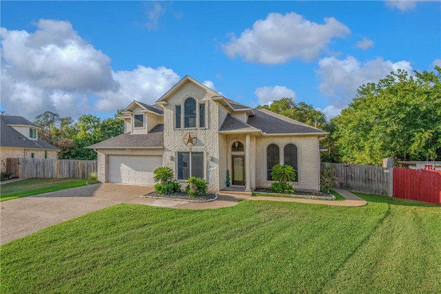 view of property featuring a front yard and a garage